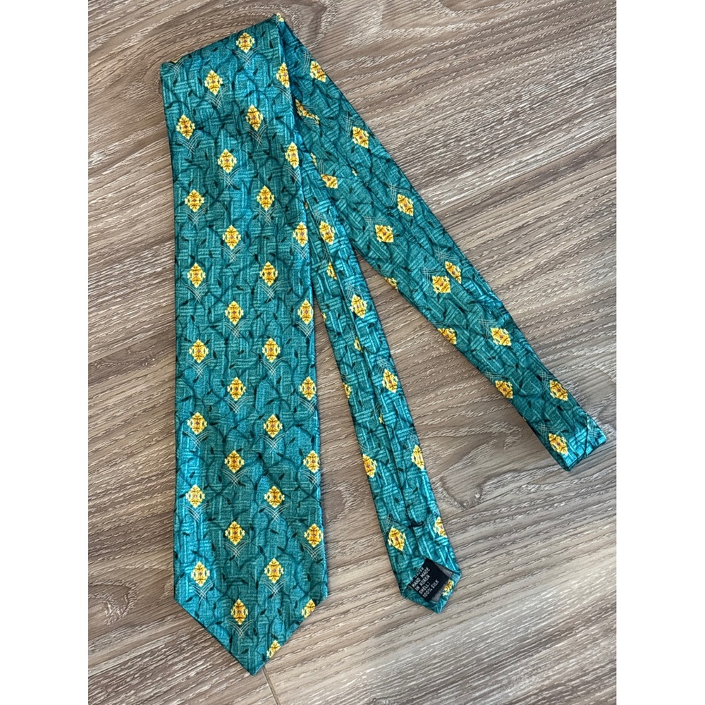 Zanzara Mens Silk Tie Teal Yellow Geometric Medallion Hand Made Korea 4" Wide
